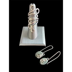 Hand Wrought Sterling Silver Wrap Ring & Earrings Set 925 Sz 7